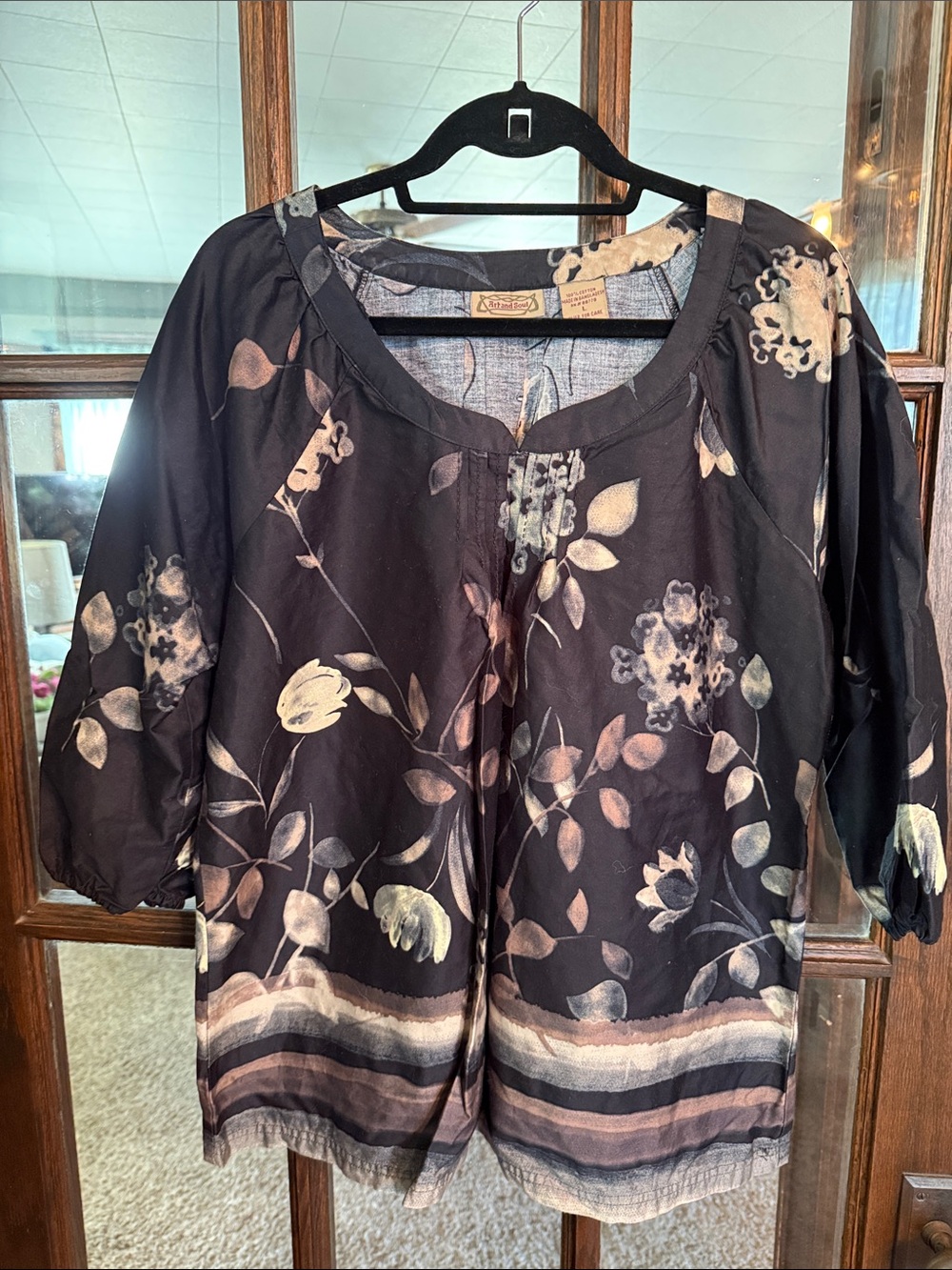 Art and Soul Women Black Floral Pintuck Cotton 3/4 Sleeve Blouse Large